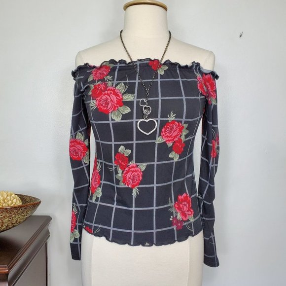 Ultra Flirt Black Gray Red Green Floral Grid Soft Off/On Shoulder Top L (Jun) - Picture 6 of 11